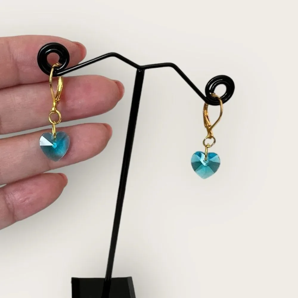 Blue Crystal heart earrings Gold plated - Picture 4 of 7